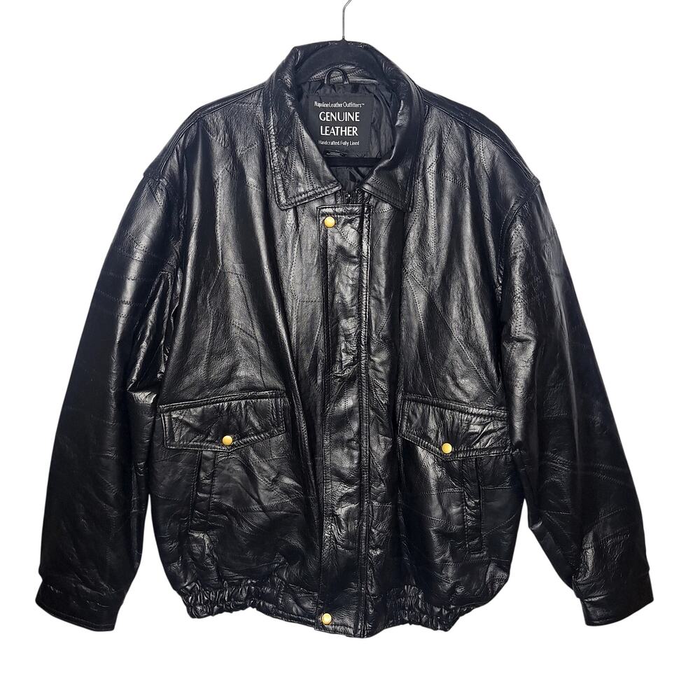 Vintage 90s Men's Leather Bomber Jacket Napoline Outfitters 2X Patchwork Black